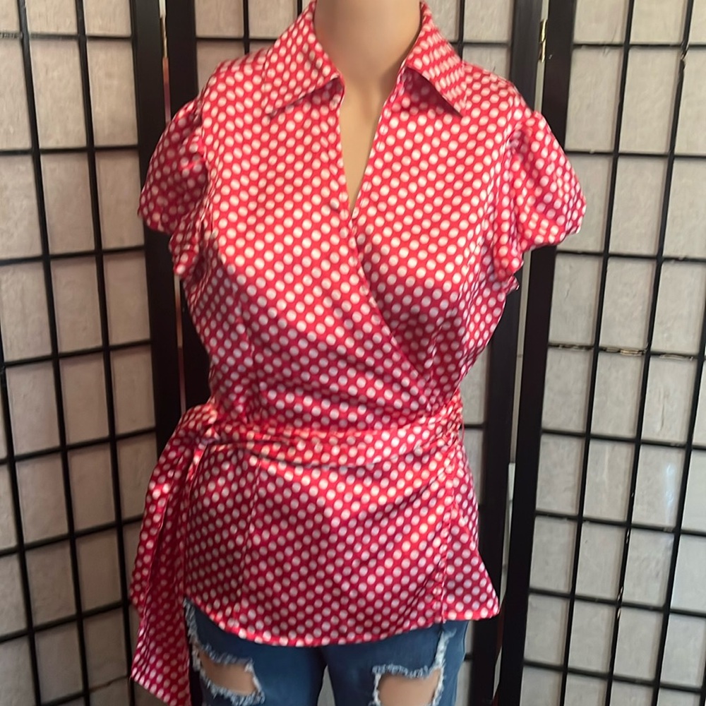 Cato Pink and White Polkadot Satin Wrap Top